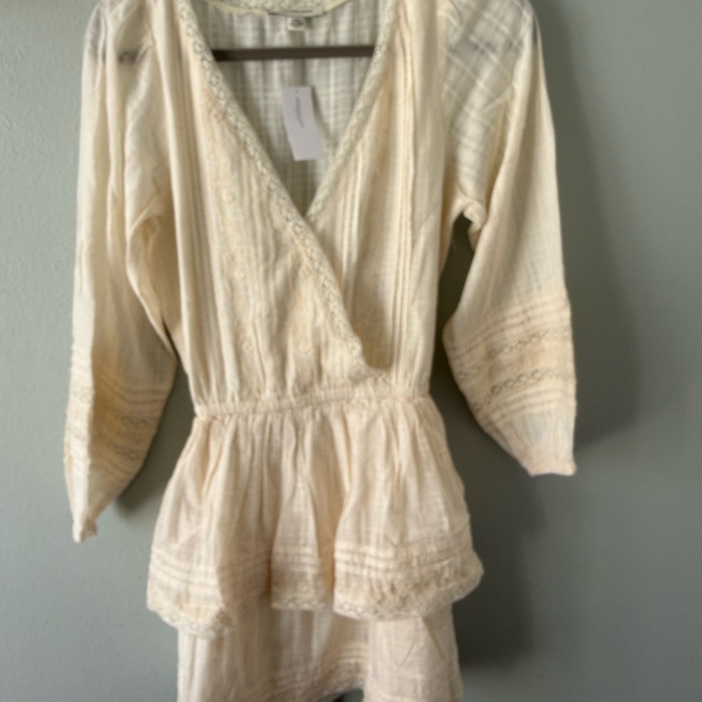 American Eagle Outfitters Cream Gauze Peplum Wrap Dress